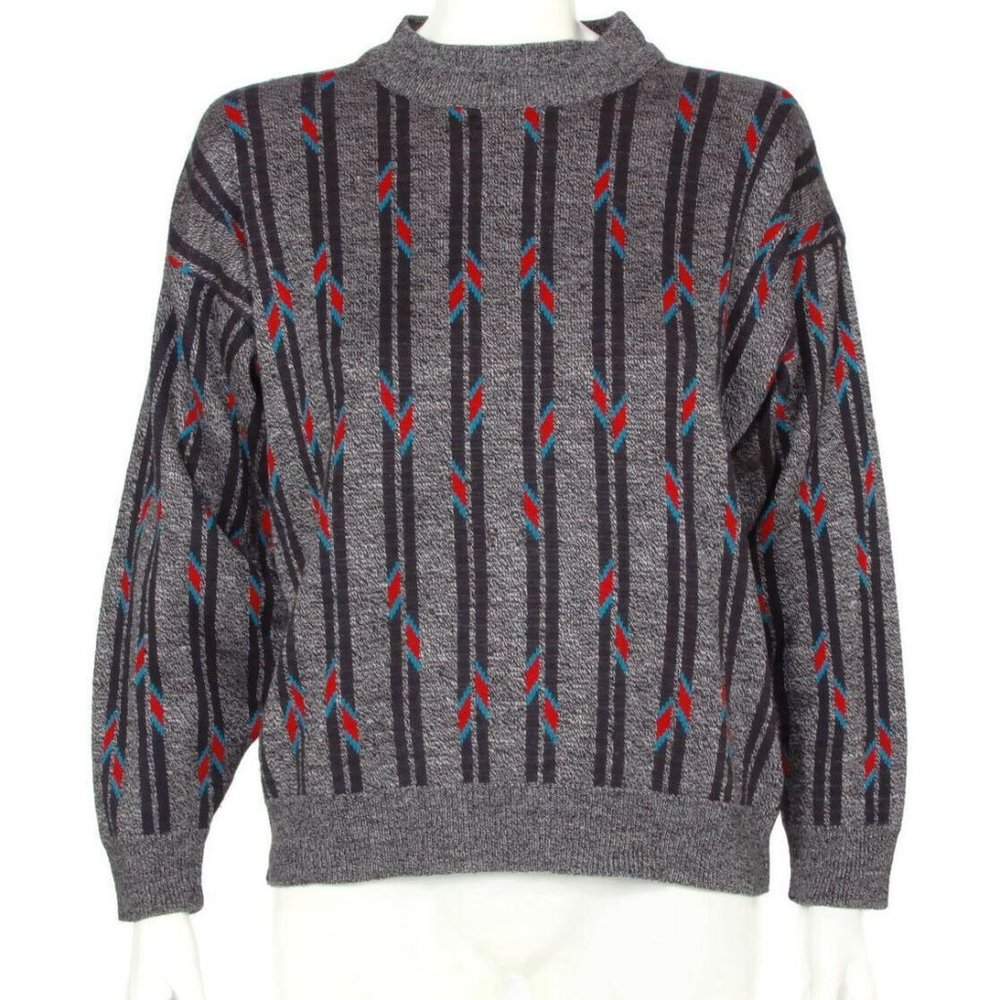 Vintage 80s 90s GABRIELLE Gray Red Turquoise Black Sweater Womens Medium /843